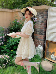 LIZAKOSHT  -  Sailor Colla Sweet Kawaii Dress Women Lace France Style Vintage Mini Dress Female Flower Print Chic Korean Fashion Dress