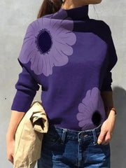 LIZAKOSHT - Female High Neck Tops New Stylish Flower Printed Elegant Purple Spring Autumn Long Sleeve Korean Casual T-Shirts