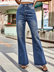 LIZAKOSHT - New Versatile Mid-waist Washed Denim Trousers Casual Zipper Frayed Retro Design Bell Bottom Trousers For Women Clothing