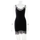 LIZAKOSHT - Women Sexy Solid Lace Patchwork Ribbed Camisole Bodycon Mini Dress V Neck Spaghetti Straps Backless Slim Wrap Hip Party Clubwear