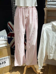 LIZAKOSHT - Pink Striped Drawstring Casual Pants Summer Elastic High Waist Cotton Thin Loose Trousers Women Casual Simple Sweet Home Pants