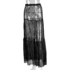 LIZAKOSHT - Black Lace Long Skirt 2026 Summer Sexy Perspective Niche Temperament Skirt