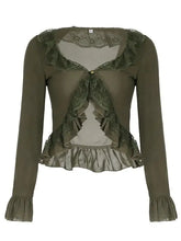 LIZAKOSHT - Ruffles Lace Trim Patchwork One Button Chiffon Cardigan Sexy See Through Chic Y2k Flared Long Sleeve Slim Crop Top Lady