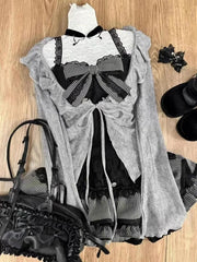LIZAKOSHT - Sweet Lolita Lace Up Ruffles Cardigan+ Sexy Slim Fit Strapless Vest Tops+ High Waist Ruched Skirts Early Autumn Three Piece Sets