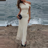 LIZAKOSHT - Temperament Slash Collar Hollow Out Bodycon Dress Fashion Solid Color Shawl Sleeve Party Dress Elegant Lady Beach Vacation Dress