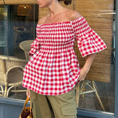 LIZAKOSHT - Peplum Blouse 2024 Summer Clothes Red Plaid Print Half Puff Off Shoulder Ruched Shirt y2k Aesthetic Clothing Streetwear
