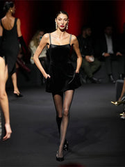 LIZAKOSHT  -  Velvet Halter Dress Black Sexy Slim Fit Elegant Straight Collar Waist Cinched Short Dresses Camisole Evening Gown Women's Wear