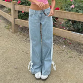LIZAKOSHT - Y2K Baggy Jeans Vintage Low Rise Jeans for Women Straight Wide Leg Denim Pants Side Stripe Tie Bow Decor with Pocket Trousers