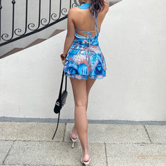 LIZAKOSHT - Sexy Deep V-neck Floral Print Halter Dress Chic Wood Ear Detailing Backless Vacation Mini Dress Y2k Party Outfit Summer