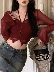 LIZAKOSHT - Women T-Shirts Y2K Irregular Crop Tops Female Hotsweet Fashion Slim 2 Piece Set Ladies Sexy Spicy Girl Basic Tight T Shirt
