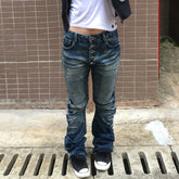 LIZAKOSHT - Washed Distressed Micro-flared Jeans for Women Stylish High Street Straight Jeans Millennial Harajuku Style Hip Hop Y2k Trousers