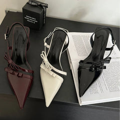 LIZAKOSHT  -  Sexy Pointed Toe Pumps Women Lacquer Leather High Heels Sandals Female Bow Elegant Fashion Slingback Dress Shoes Sandalias Mujer
