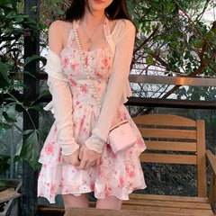 LIZAKOSHT  -  Sweet Y2k Mini Dress Set Women Summer Vintage Floral Printed Halter Spaghetti Strap Dress +Cardigan Jacket 2pcs Set Vestidos