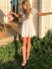 LIZAKOSHT - Casual Mini Dress Women Loose Square Neck Short Sleeves Lace Up Robe Female 2025 Spring Summer Fashion High Waist Dresses Lady