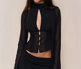 LIZAKOSHT - Women's New Button Hollow Ribbon Top Shirt with Waist Cinching and Sexy Spicy Girl Shirt