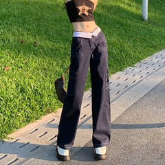 LIZAKOSHT - Cargo Pants Flange Multiple Pockets High Waist Women Straight Baggy Pants Fashion Cotton Wide Leg Trousers Casual Streetwear