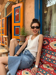 LIZAKOSHT - Casual Women Thin Cotton Summer Vest New V-neck Pocket Single Breasted Office Lady Tank Beige Black Fashion Sleeveless Top