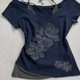 LIZAKOSHT - American Retro Short Sleeved Tees Women Y2K Patchwork Harajuku Lace Up Tops Mujer Summer New Slim Fit High Street Pullover