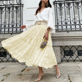 LIZAKOSHT - Elegant White Hem Loose Jacquard Skirt for Women 2024 Spring High Waist Long Skirts Club Lady Lace-Mesh Pleated A-Line Skirt