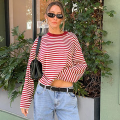 LIZAKOSHT - Women Casual Striped Long Sleeve Cotton Tops Autumn O-neck Patchwork Loose T-shirt High Street Female Vintage Tops New