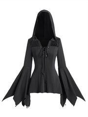 LIZAKOSHT - Lace Panel Flare Sleeve Hooded Top Plain Color Lace Up Long Sleeve Gothic Top Spring Fall Black Tops New
