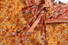 LIZAKOSHT - Lacing up V neck Flower Shirt Ethnic Women Elastic Waist Maxi Long Skirts Long Sleeve Blouse Holiday 2 Pieces Set