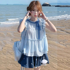 LIZAKOSHT - Y2k Harajuku Vintage Sweet Slim 2 Piece Skirt Sets Kawaii Bow Sleeveless Tops + Print Cake Mini Skirts 2000s Lolita Suits Summer