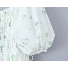 LIZAKOSHT - Elegant Women Puff Sleeve Elastic Waist Floral Print Dress Short Summer Robe