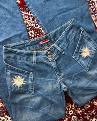 LIZAKOSHT - Y2K Harajuku Vintage Hip Hop Casual Slim High Waisted Jeans Streetwear Fashion Blue Washed Flowers Embroidered Baggy Jeans Women