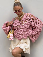 LIZAKOSHT - Knit Flower Pink Women's Sweater Autumn Hollow Out V-neck Long Sleeve Female Pullover 2025 Fashion Thin Lady Loose Knitwear