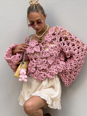 LIZAKOSHT - Knit Flower Pink Women's Sweater Autumn Hollow Out V-neck Long Sleeve Female Pullover 2025 Fashion Thin Lady Loose Knitwear