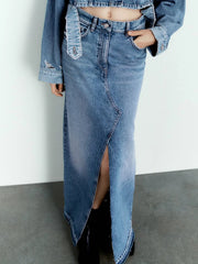 LIZAKOSHT - Blue Denim Long Skirt Women Spring Summer Elegant Front Split Maxi Skirt Ladies Vintage Fashion High Waist Slim Streetwear Skirt