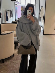 LIZAKOSHT - Women Fashion Grey Cropped Oversized Knitted Pullover Chic Scarf Collar Long Sleeve Loose Sweater Lady High Street Jumpers
