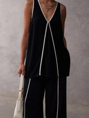 LIZAKOSHT - Clashing Colors Tank Tops And Pant 2 Piece Sets For Women Fashion V Neck Sleeveless Pullover Top Lace Up Loose Pant Suit