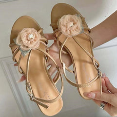 LIZAKOSHT - Floral Narrow Strap Designer Branded Sandals for Ladies Summer Open Toe Low Heeled Pumps Elegant Party Dress Buckle High Heels