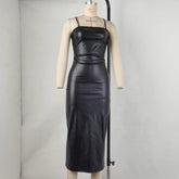 LIZAKOSHT - Solid Color Women Clothing Summer Fashion PU Sexy Open Back Lace-Up High Waist Wrap Hip Split Spaghetti Strap Dress