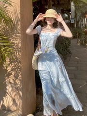 LIZAKOSHT - Summer Fairy Puff Sleeve Slash Neck Blue Dress Women Elegant 3D Flower Decoration Chiffon High Waist Slim Princess Dresses