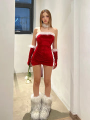 LIZAKOSHT - Red Velvet Christmas Dress Lady Party Bodycon Evening Elegant Dresses Women Luxury Mini Pleated Sexy Tube Dress With Glooves