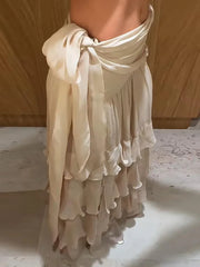 LIZAKOSHT - Women's Skirt Beige Ruffled Maxi Skirts Asymmetrical Tiered Hem Waist Tie Wrap Design Chiffon Bottom Vacation Wear Woman Clothes