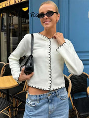 LIZAKOSHT - Casual Knitted Panelled Sweater Women O-neck Single Breasted Wave Hem Slim Female Coat 2024 Spring Autumn New Chic Lady Coats