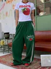 LIZAKOSHT - Sports Pants Two-Bar Letter Printing American Summer Women Green Loose Straight Mop The Floor Leisure Wide-Leg Pants Tide