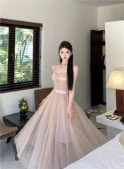 LIZAKOSHT - Woman Dress Bow Sleeveless Slash Neck Mesh Patchwork Princess Sweet Elegant Summer Fashion Party Dresses Female