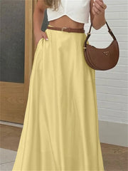 LIZAKOSHT - Satin Yellow Maxi Skirt for Women – High Waist Slim Fit Pocket Design Draped Silky Long Skirt Elegant Summer Outfit
