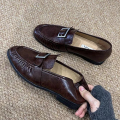 LIZAKOSHT - Retro Soft Leather Designer Flat Shoes Women Belt Buckle Pleated Design Comfort Loafers British Style Brand Office Shoes Ladies