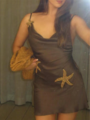 LIZAKOSHT  -  Sea Star Halter Women Dress Silk Satin Stacked Collar Suspender Slim Fit Sexy Backless Strap Short Dresses Fashion Camisole New