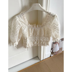 LIZAKOSHT - Sweet Embroidered Square Collar Lace Shirt Women's Shineril Lycra Summer New Style Button up Casual Feminine Top
