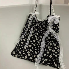 LIZAKOSHT - Girls Fairy Sweet Flower Print Women's Handbags Simple Ins Patchwork Lace Underarm Bag Fashion Y2k Aesthetic Shoulder Handbags