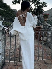LIZAKOSHT - Ladies' Sexy Backless Shirt Back Opening Tie White Top Long Sleeved Loose Casual Cover Deep V Autumn Women's Clothing