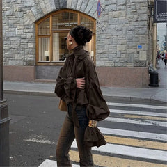 LIZAKOSHT - Retro Brown Shirt For Women 2025 New Summer Casual Solid Loose Single Breasted Blouse Simple Turn-down Collar Long Sleeve Shirts