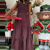 LIZAKOSHT - Cottage Vintage Plaid Maxi Dress Women Ruffles Sleeveless Sqaure Collar Flowy Long Dress Gingham Shirred Elastic A-line Dresses